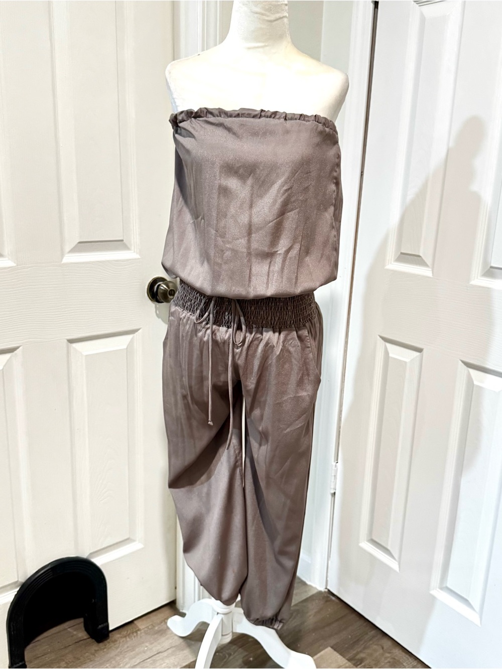 Body Central Light Gray Strapless Smocked-Waist Jumpsuit - Picture 3 of 10
